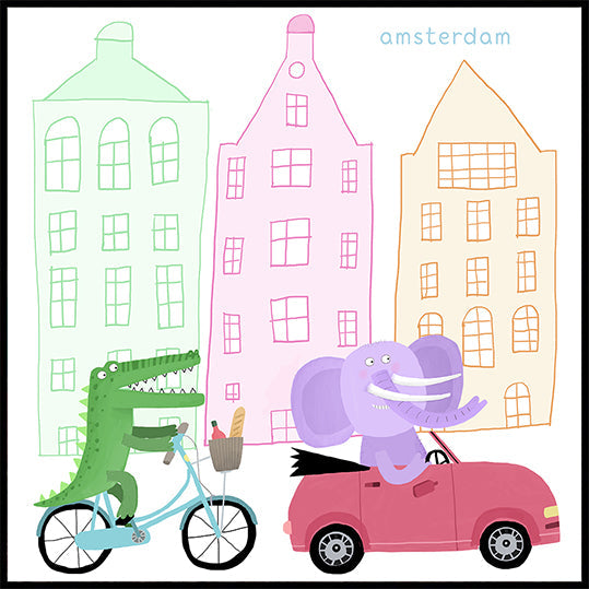 Un crocodile sur un vélo et un éléphant dans une voiture Poster