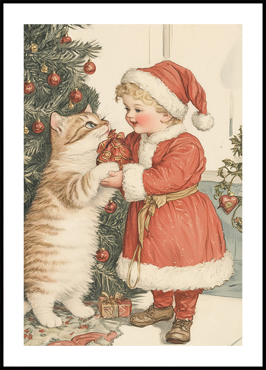 Enfant de Noël et chat Poster