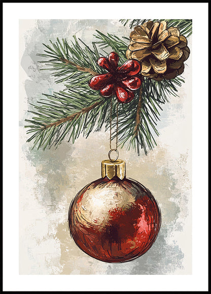 Affiche de boule de Noël à l'aquarelle sur une branche de pin 