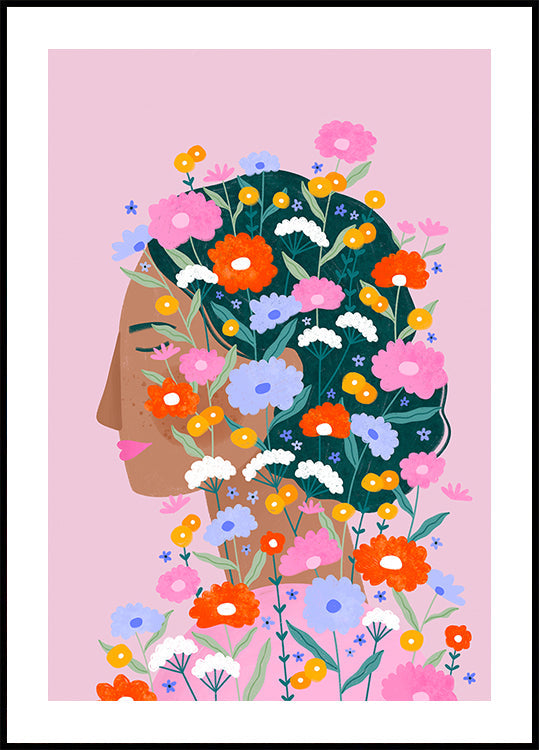Dame aux fleurs colorées Poster