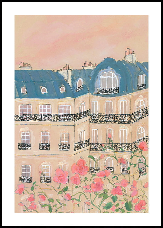 Coucher de soleil sur les bâtiments de Paris Poster