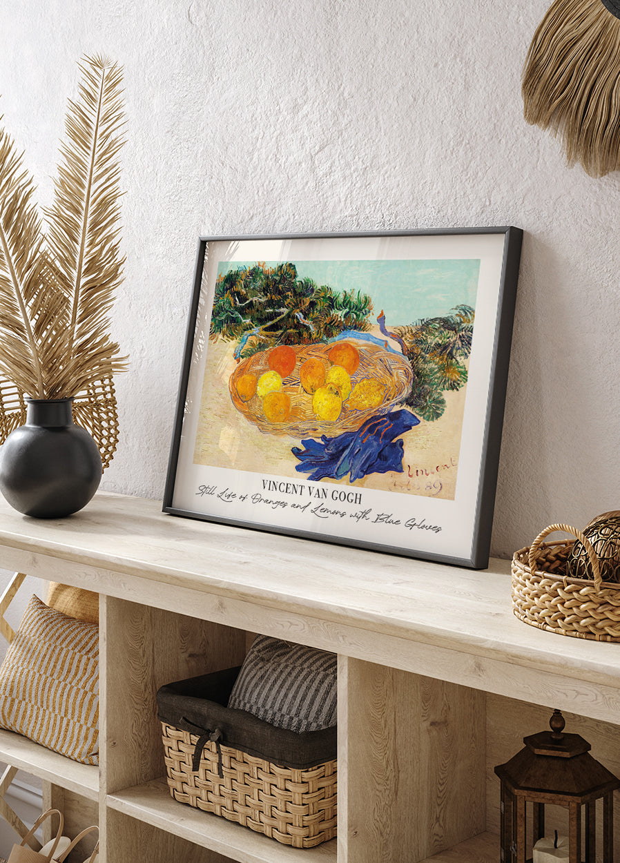 Affiche Nature morte d'oranges et de citrons avec des gants bleus