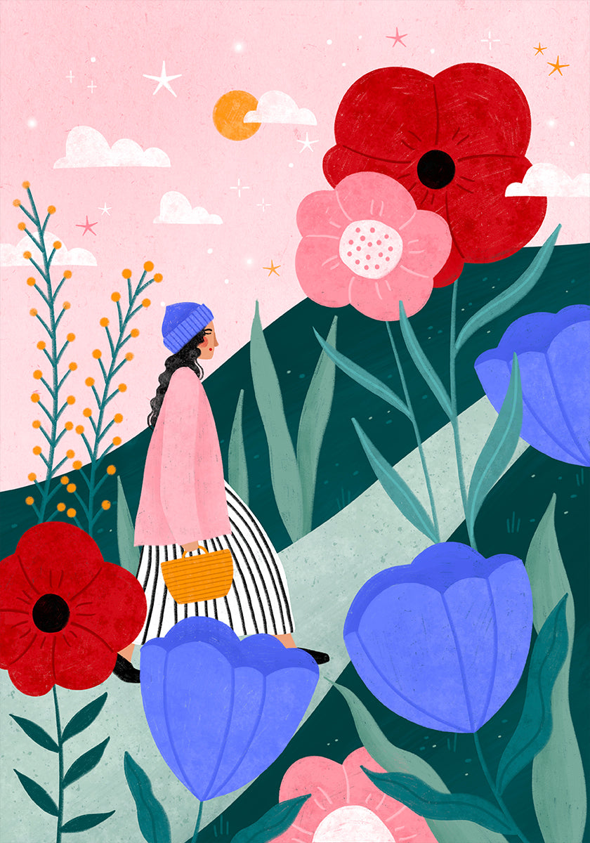 Femme marchant dans un jardin fleuri Poster