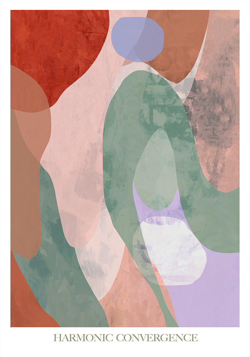 L’image est une œuvre d’art abstraite avec une convergence harmonieuse de diverses formes et couleurs, notamment des nuances de rouge, vert, bleu et violet.