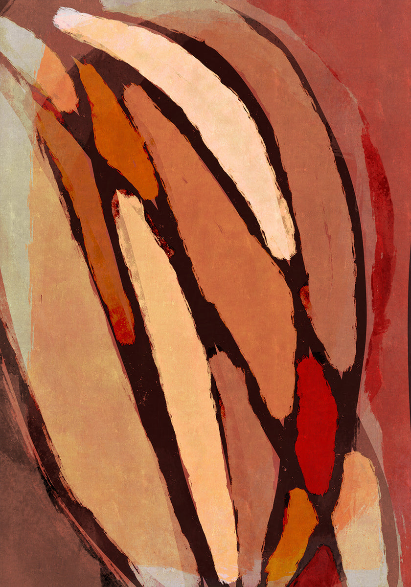 L’image est une peinture abstraite avec des formes audacieuses qui se chevauchent dans différentes nuances de marron, d’orange et de rouge. La composition crée une œuvre d’art abstraite dynamique et visuellement saisissante.