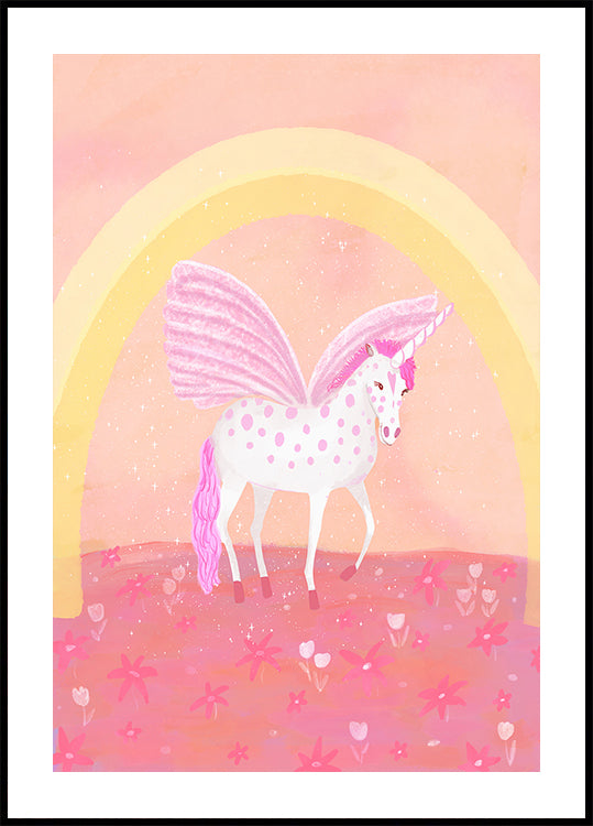 Une licorne blanche avec des taches roses se dresse sur un champ de fleurs roses, avec un arc-en-ciel derrière elle.