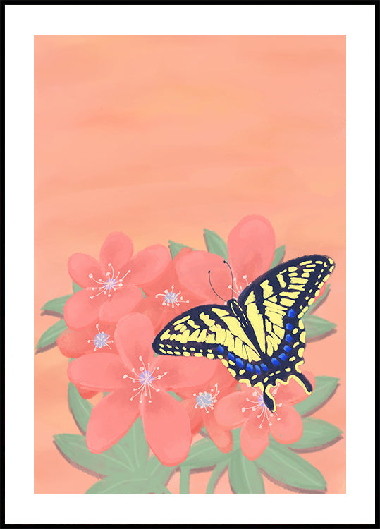 Un papillon jaune et noir repose sur des fleurs roses sur un fond couleur pêche.
