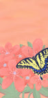 Une illustration numérique vibrante d’un papillon aux ailes jaunes et noires perché sur des fleurs roses sur un fond couleur pêche.