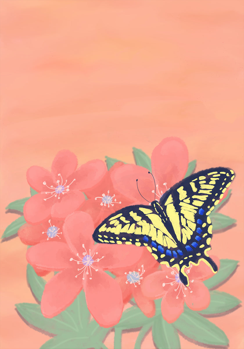 Une illustration numérique vibrante d’un papillon aux ailes jaunes et noires perché sur des fleurs roses sur un fond couleur pêche.
