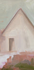 L’image est une peinture à l’huile représentant une maison blanche avec un toit triangulaire sur un fond vert pâle.