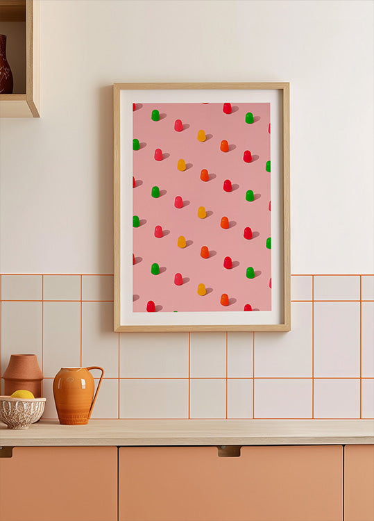 Dots Candy Gum Drops - Repeating Pattern On Pink Background (NEW) - Posterbox