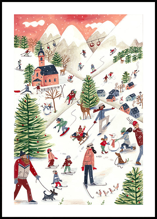 Mountain landscape with houses in the snow Plakat - Posterbox