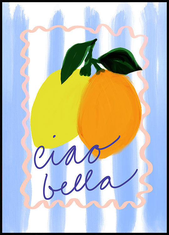 une illustration vibrante de deux citrons et d'une orange, avec l'expression « ciao bella » écrite en cursive en dessous d'eux.