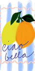 une illustration vibrante de deux citrons et d'une orange, avec l'expression « ciao bella » écrite en cursive en dessous d'eux.