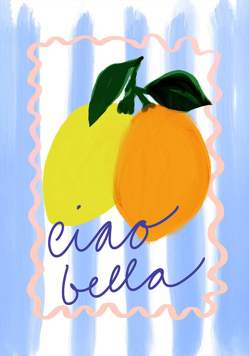 une illustration vibrante de deux citrons et d'une orange, avec l'expression « ciao bella » écrite en cursive en dessous d'eux.