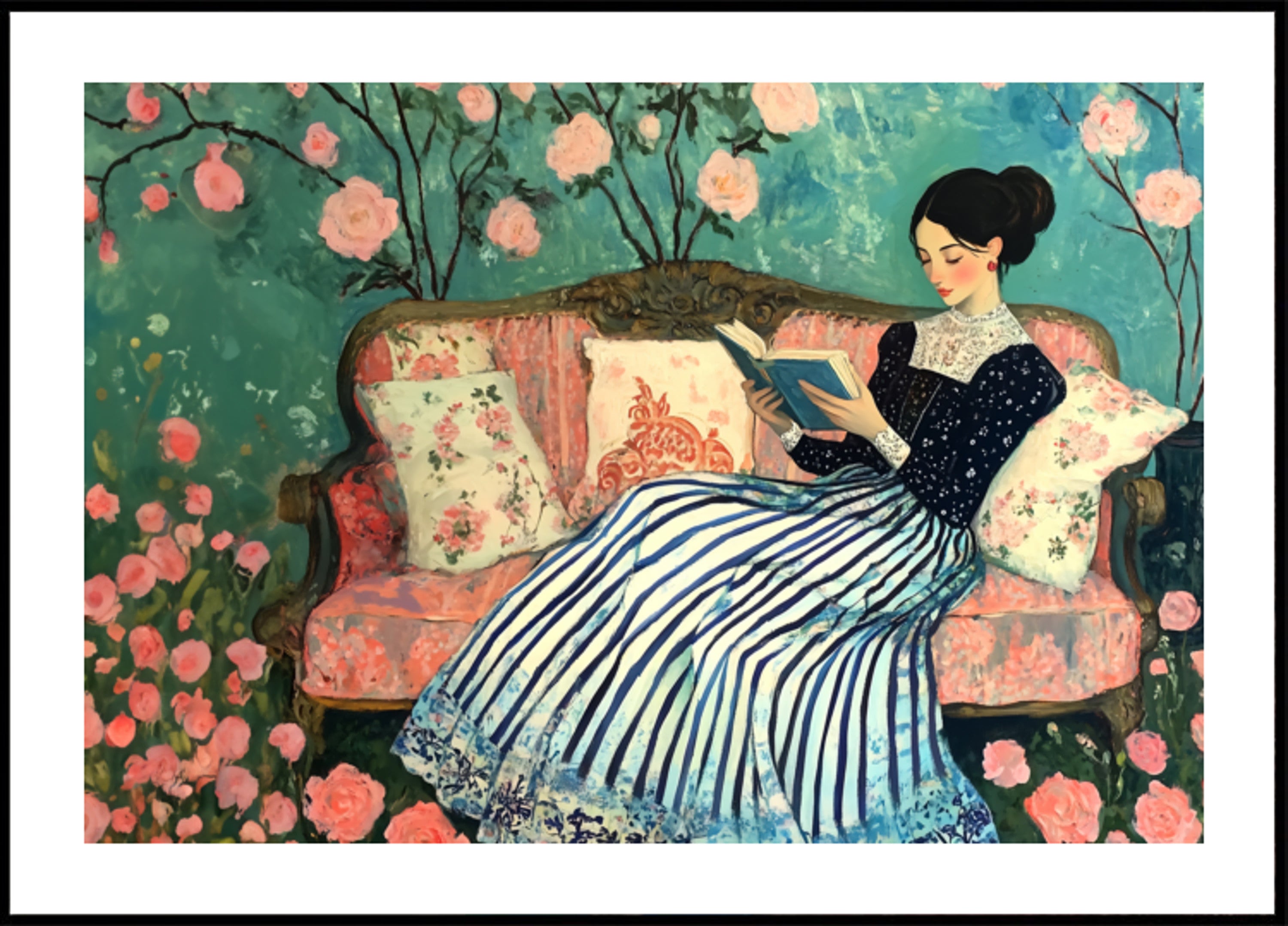 Femme lisant dans des roses