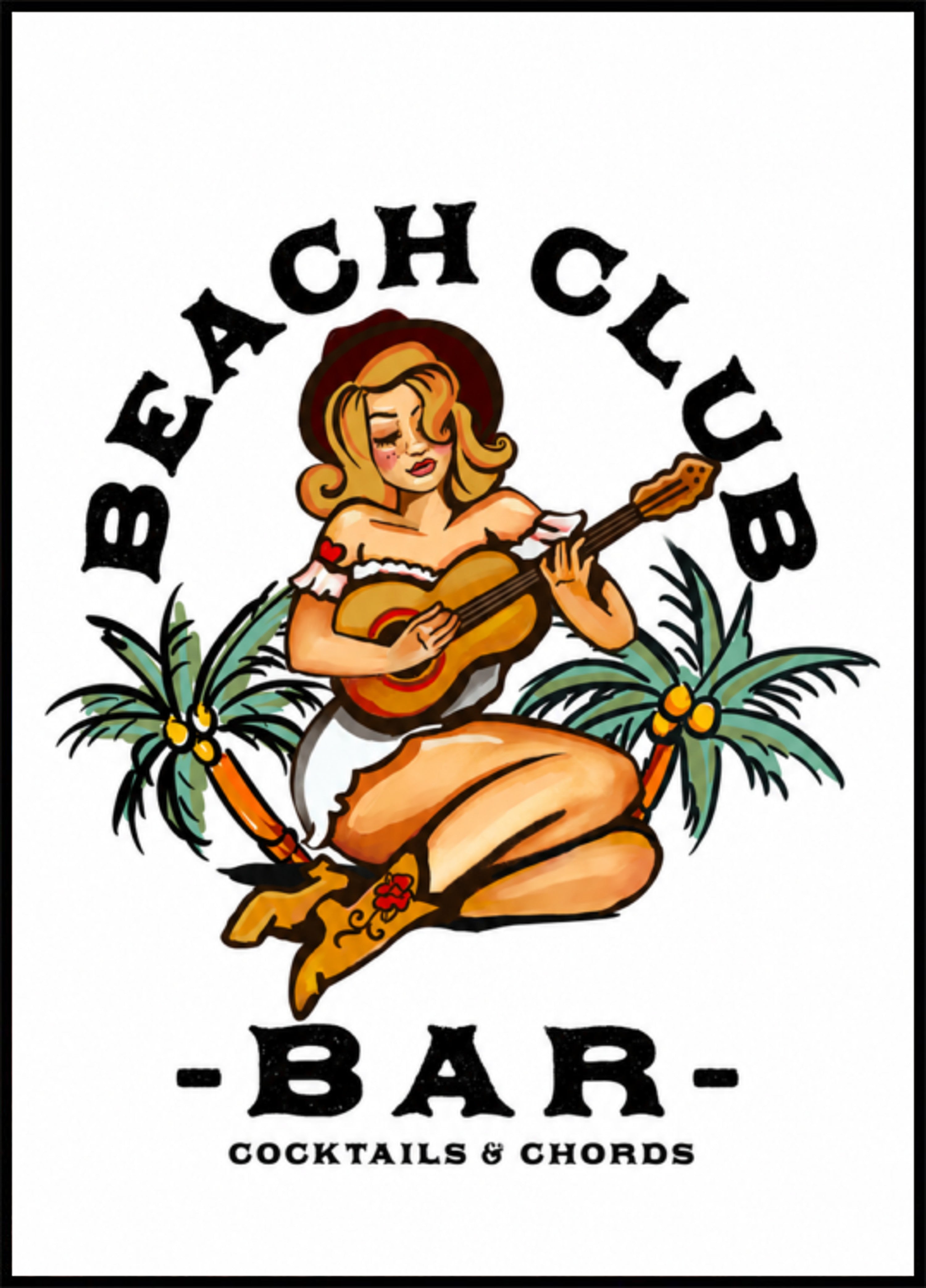 Bar du club de plage. Fille de pin-up de style Sailor Jerry jouant de la guitare