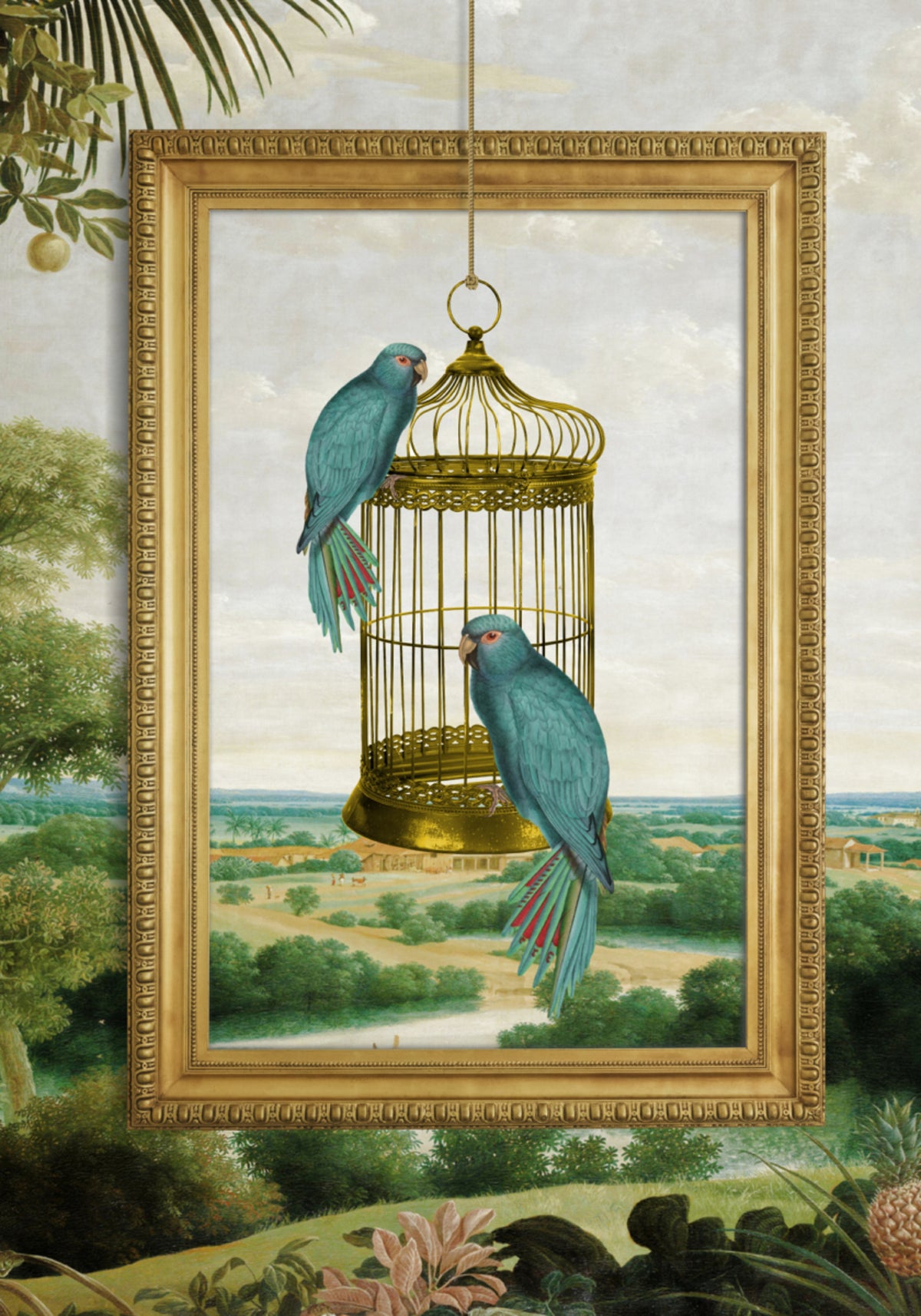 Cage dorée du perroquet bleu
