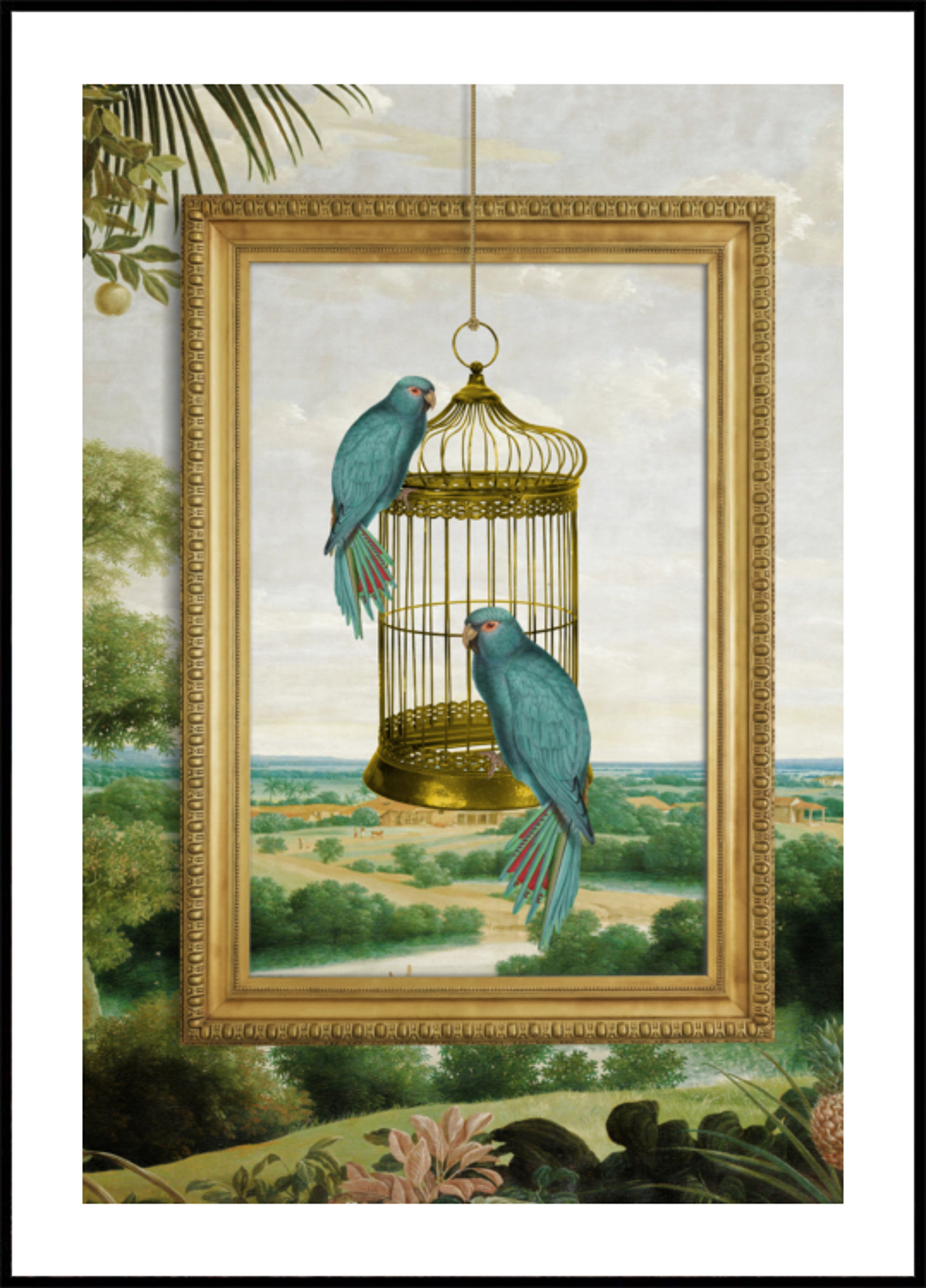 Cage dorée du perroquet bleu