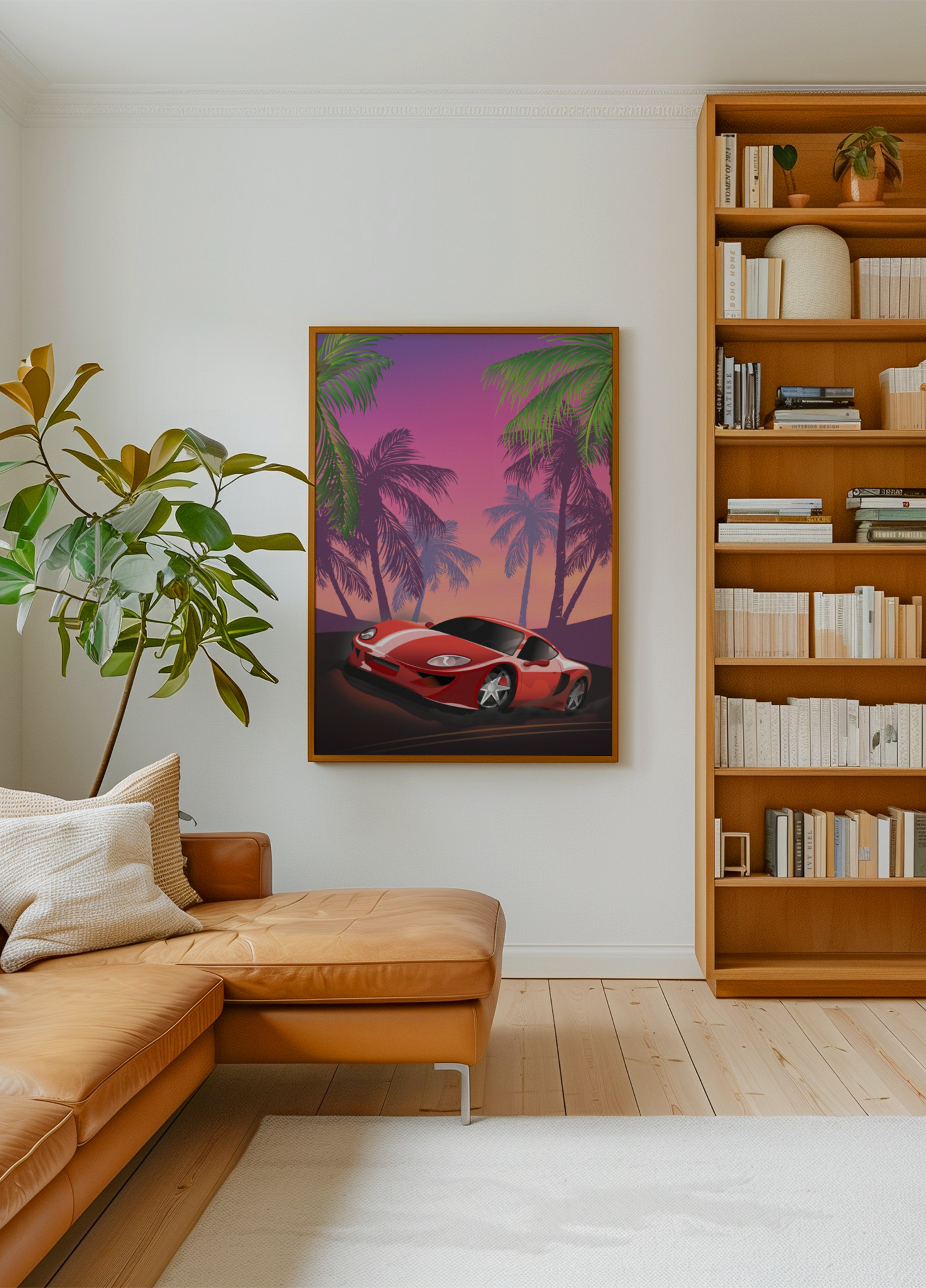 Coucher de soleil sur une voiture de sport rouge