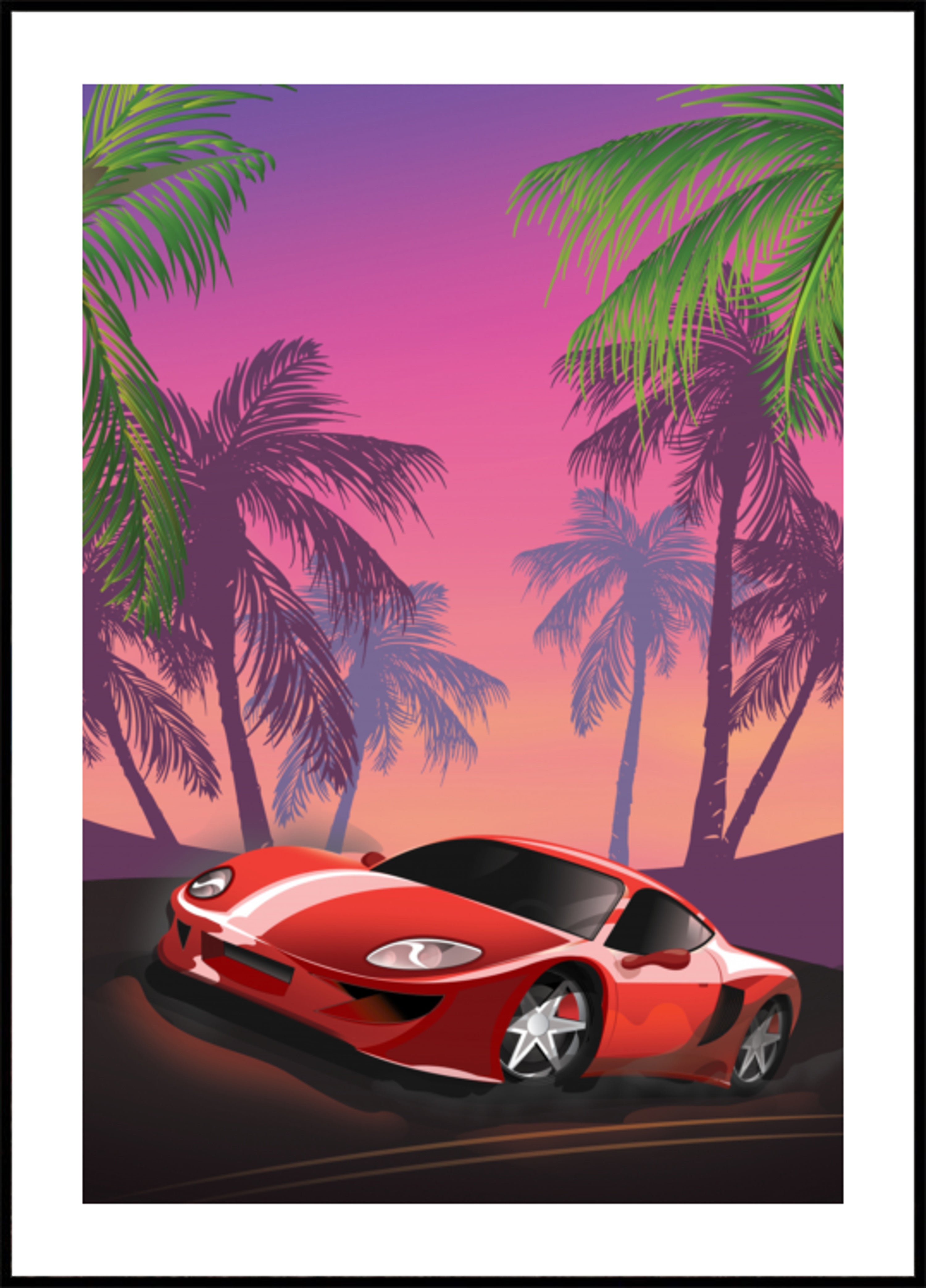 Coucher de soleil sur une voiture de sport rouge