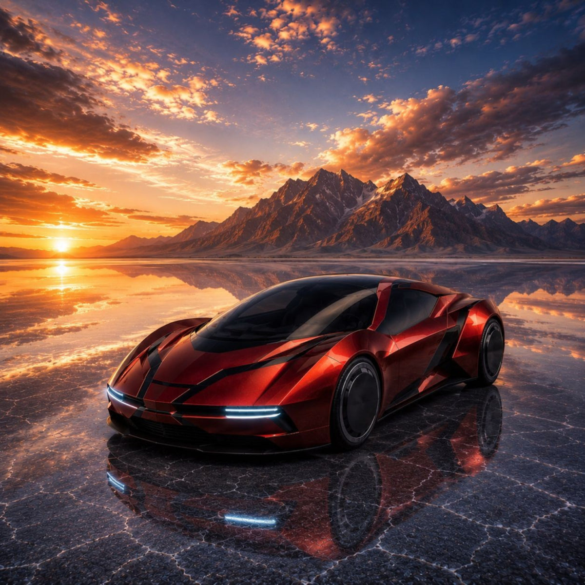 Voiture de sport vibrante au coucher du soleil