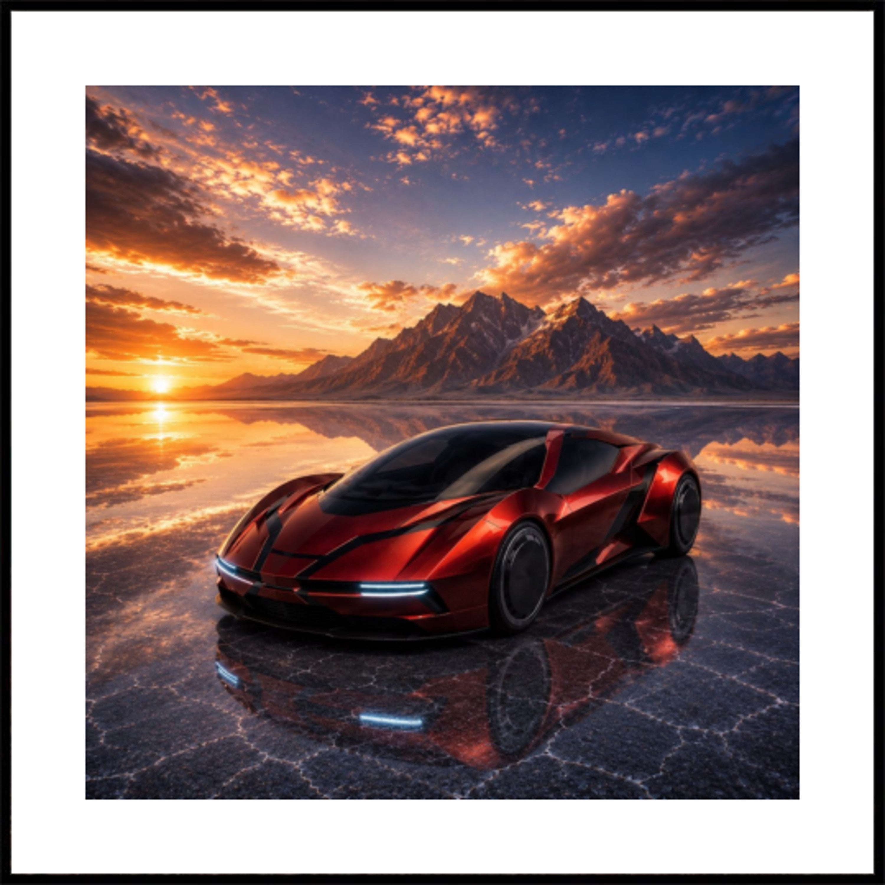 Voiture de sport vibrante au coucher du soleil