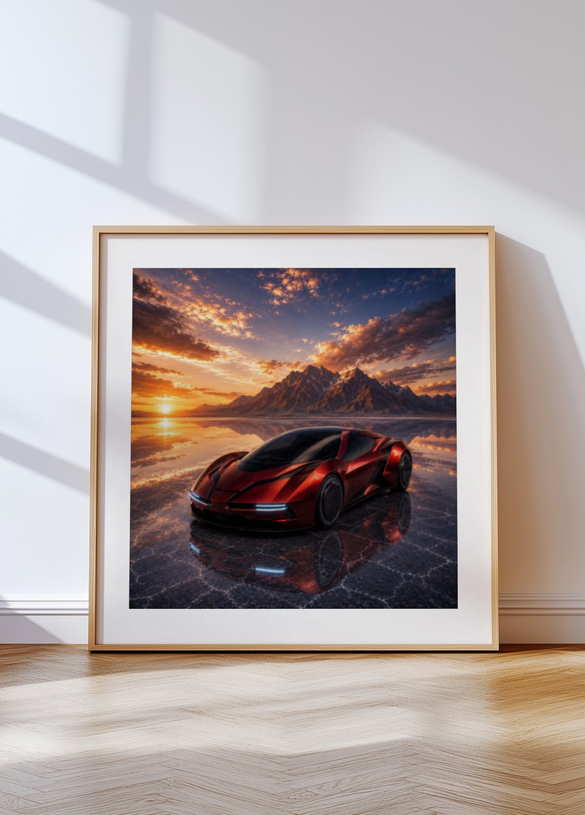 Voiture de sport vibrante au coucher du soleil