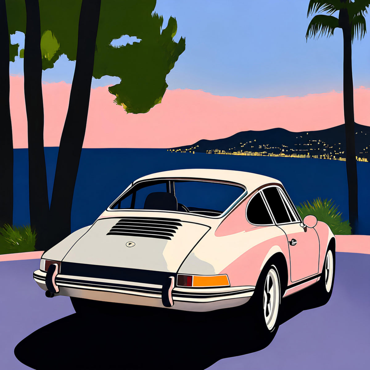 Coucher de soleil sur une voiture classique rose