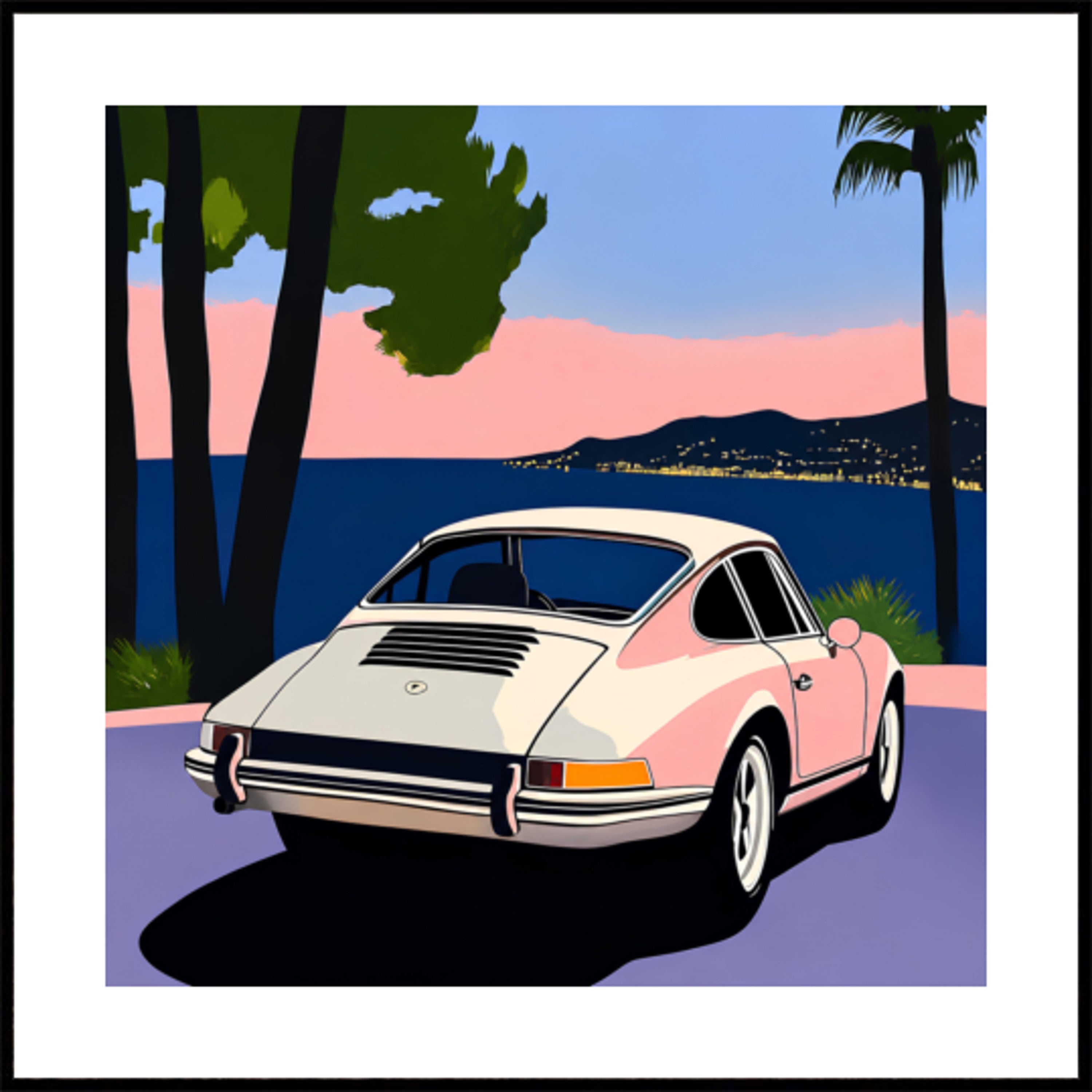 Coucher de soleil sur une voiture classique rose