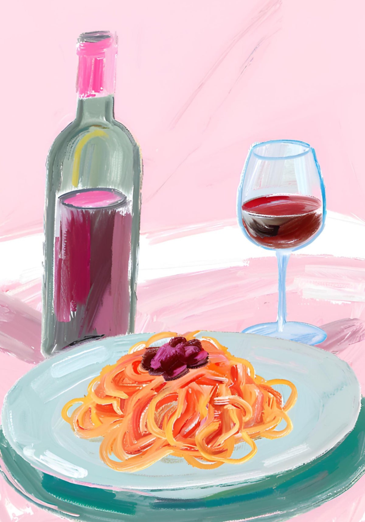Spaghettis et vin rouge