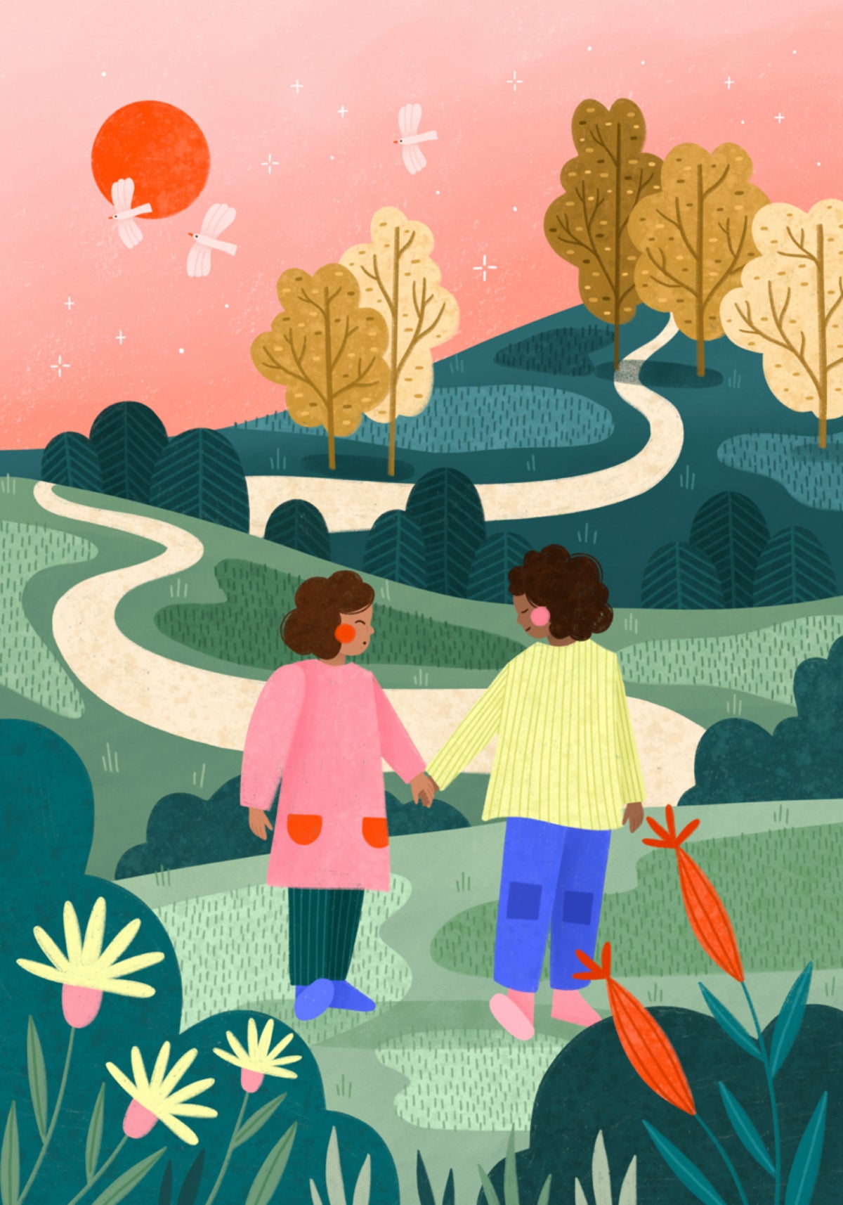 Amis marchant sur un chemin sinueux