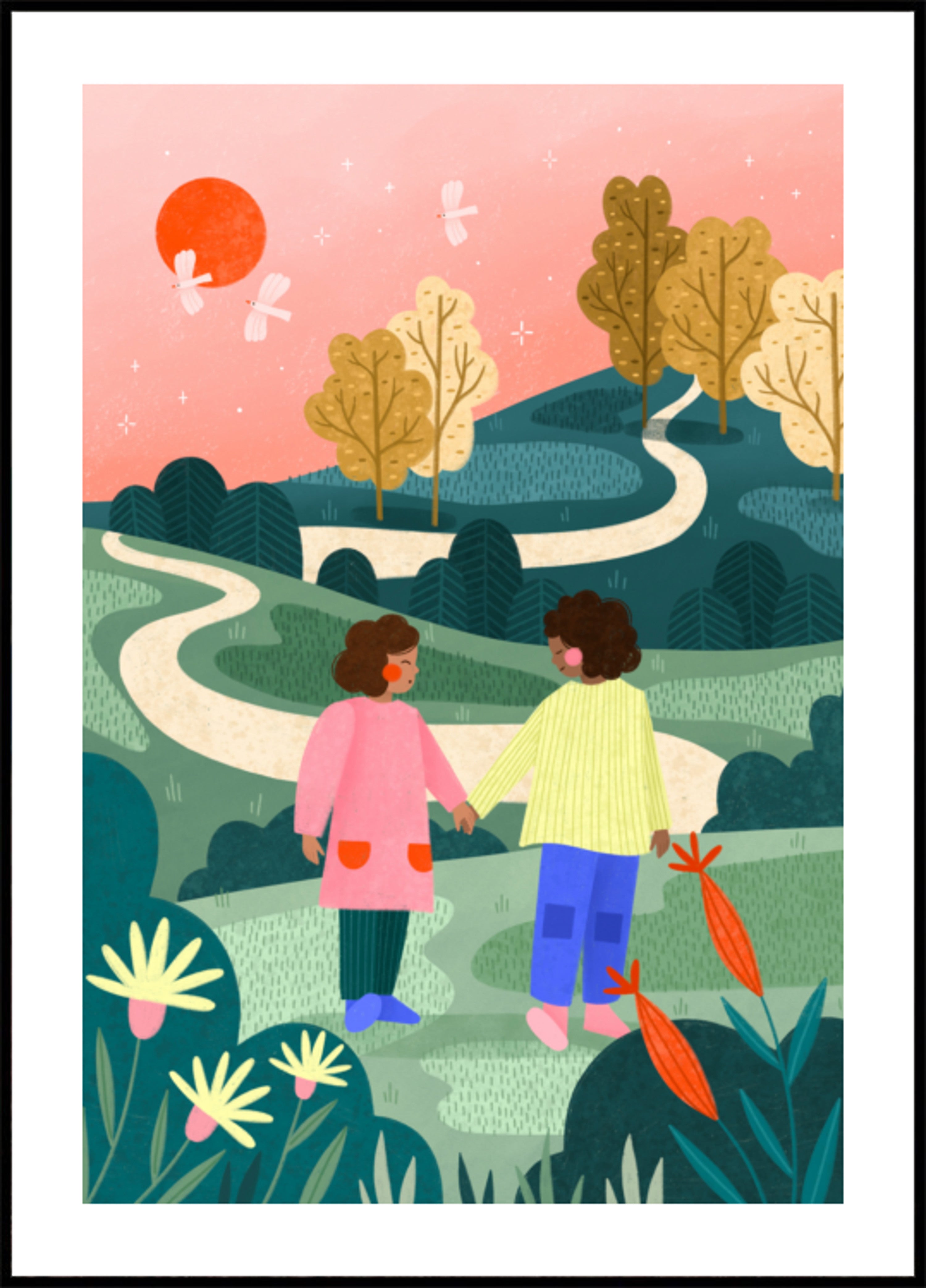 Amis marchant sur un chemin sinueux