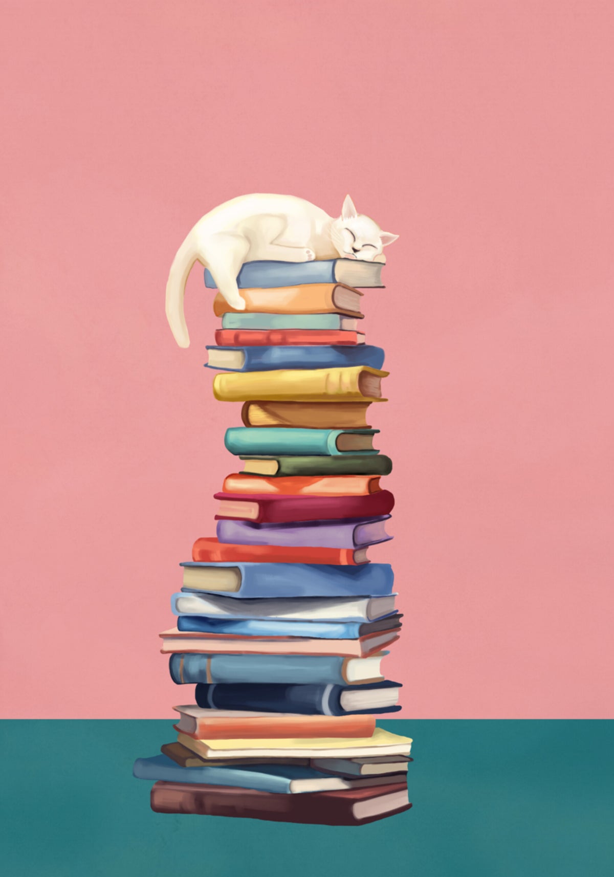 Chat douillet sur des livres colorés