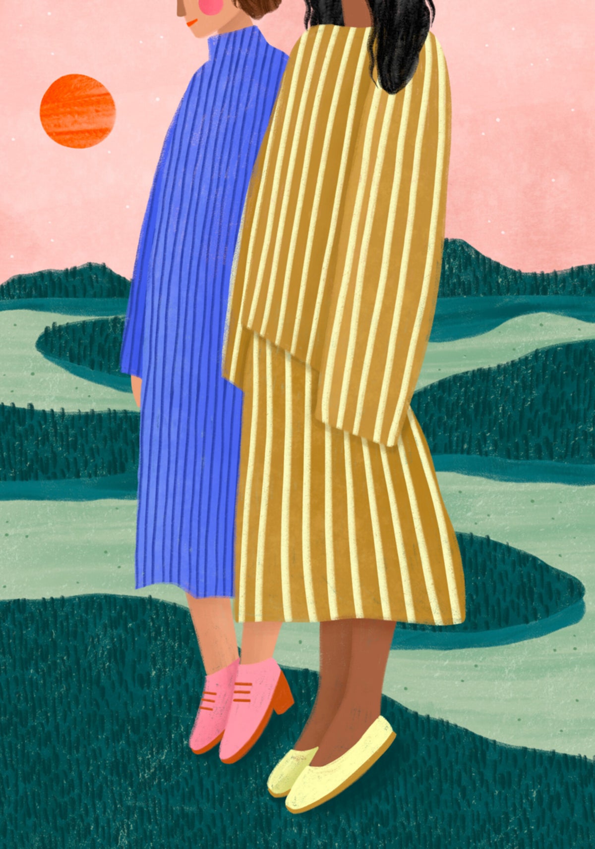 Les femmes donnent sur un paysage serein