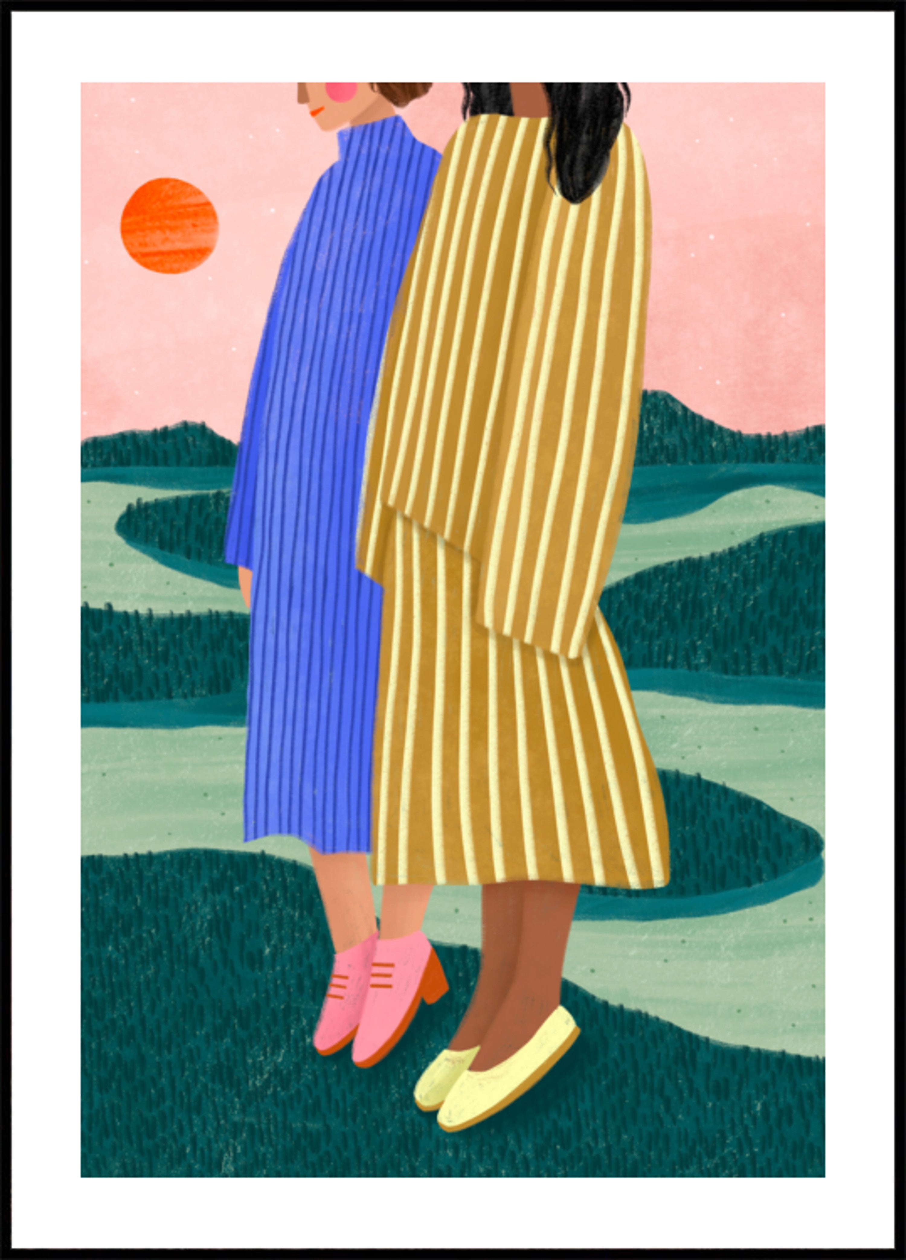 Les femmes donnent sur un paysage serein