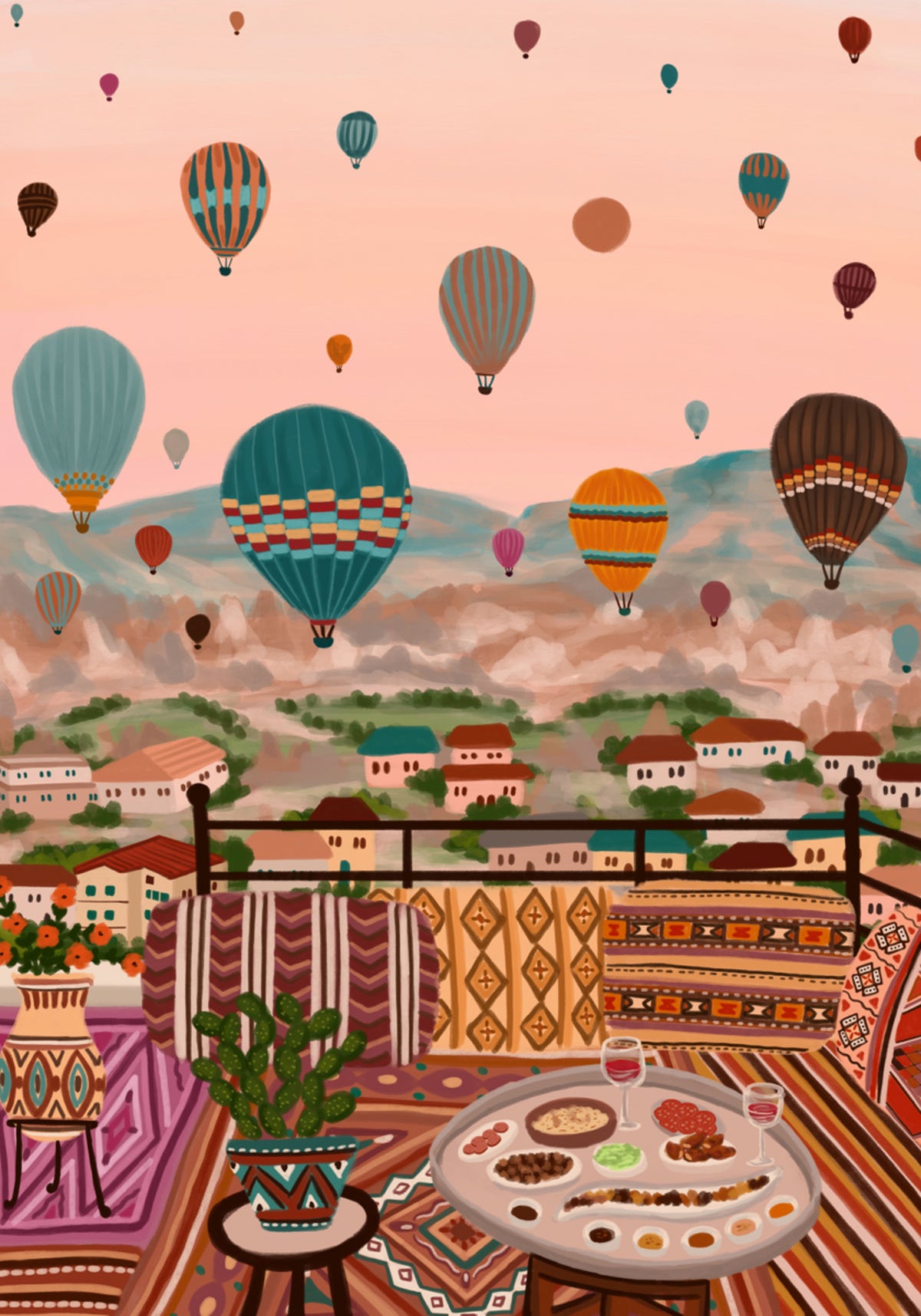 Ballons au-dessus d'un dîner sur le toit
