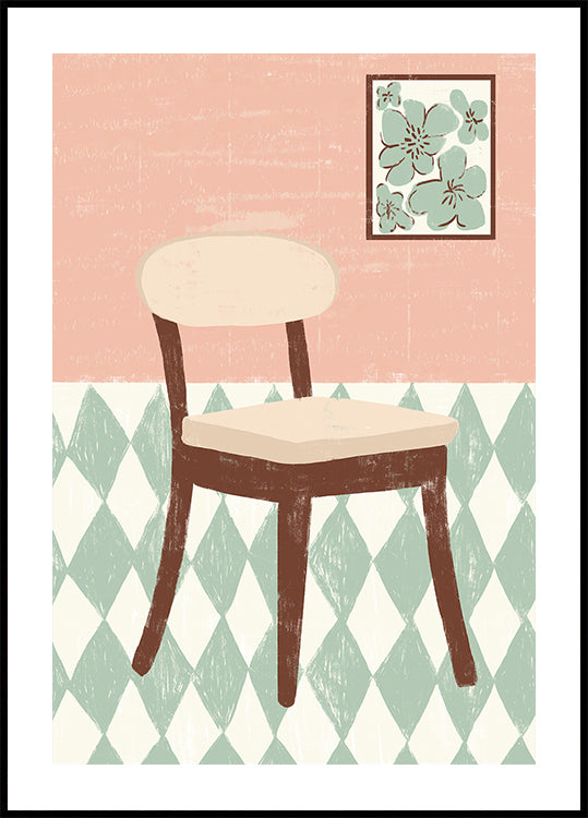 Une simple illustration d’une chaise avec un motif floral sur le mur derrière elle.