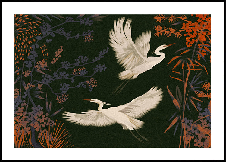deux oiseaux blancs en vol sur fond vert foncé, entourés de fleurs et de feuillages colorés.