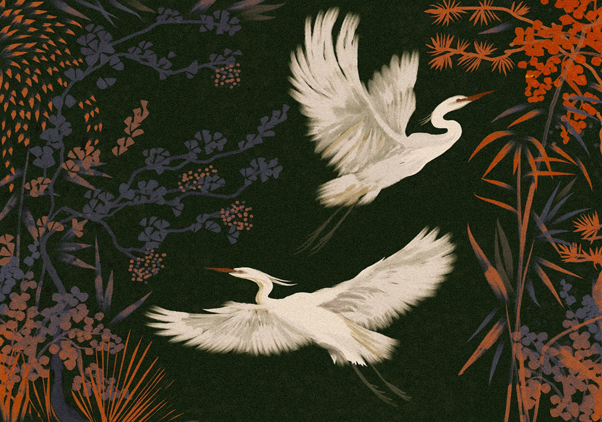 deux oiseaux blancs en vol sur un fond vert foncé, entourés de fleurs et de feuillages orange et violet vif.