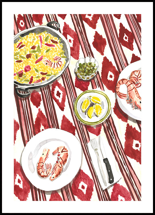 Une illustration vibrante et colorée d’une table dressée avec une variété de plats, dont un grand bol de riz, une assiette de crevettes et une assiette de fruits.