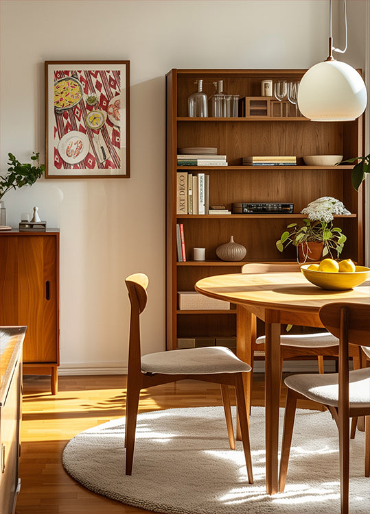 une salle à manger confortable avec une table et des chaises en bois, une étagère et une œuvre d'art encadrée au mur.