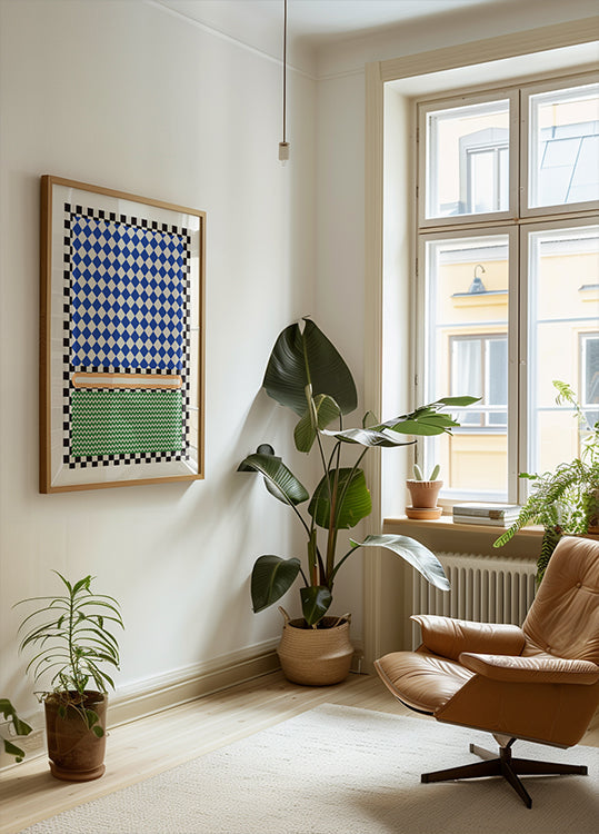 Motif géométrique avec des diamants bleus et blancs Poster