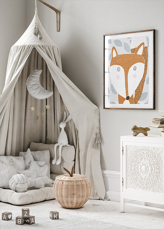 Renard roux mignon avec motif de feuilles grises par l'artiste Carla Daly Poster