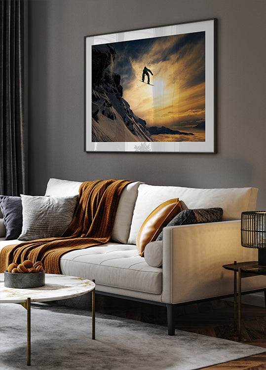 Coucher de soleil sur le snowboard Poster