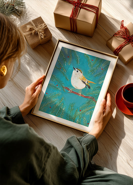 Poster Oiseau Goldcrest assis dans un arbre