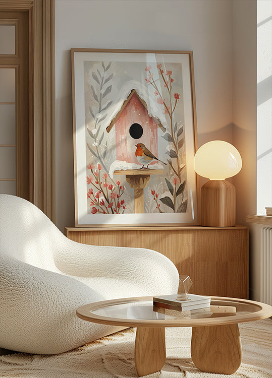 Vogelhaus mit Rotkehlchen et Pflanzen Poster