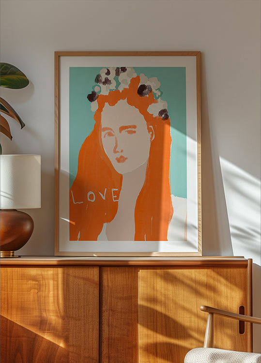 Femme aux cheveux orange ornée de fleurs Poster