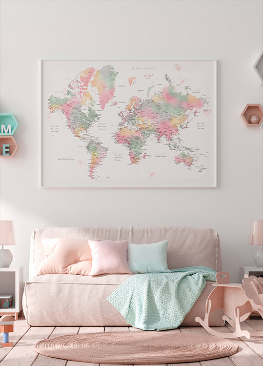 Carte du monde aquarelle pastel avec villes, Anjah