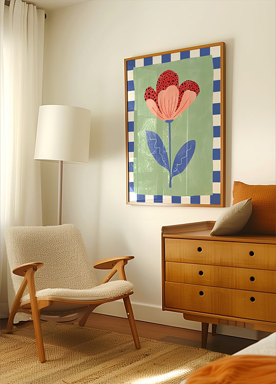 Fleur stylisée avec des pétales rouges et des points noirs Poster